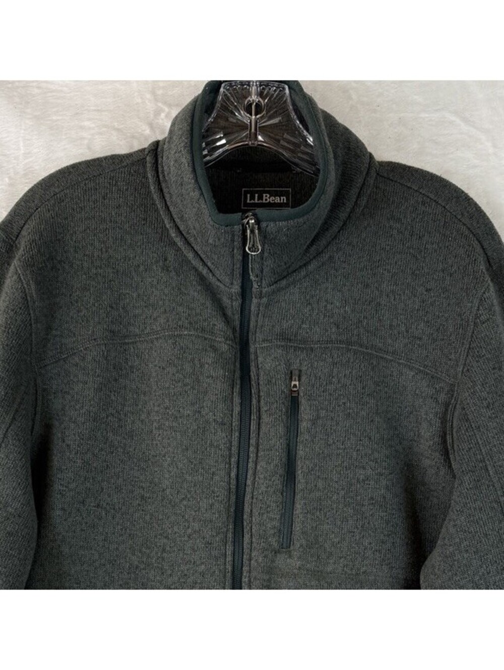 LL Bean Sweater Fleece Full Zip Jacket Mens Large Green Mock Neck Long Sleeve